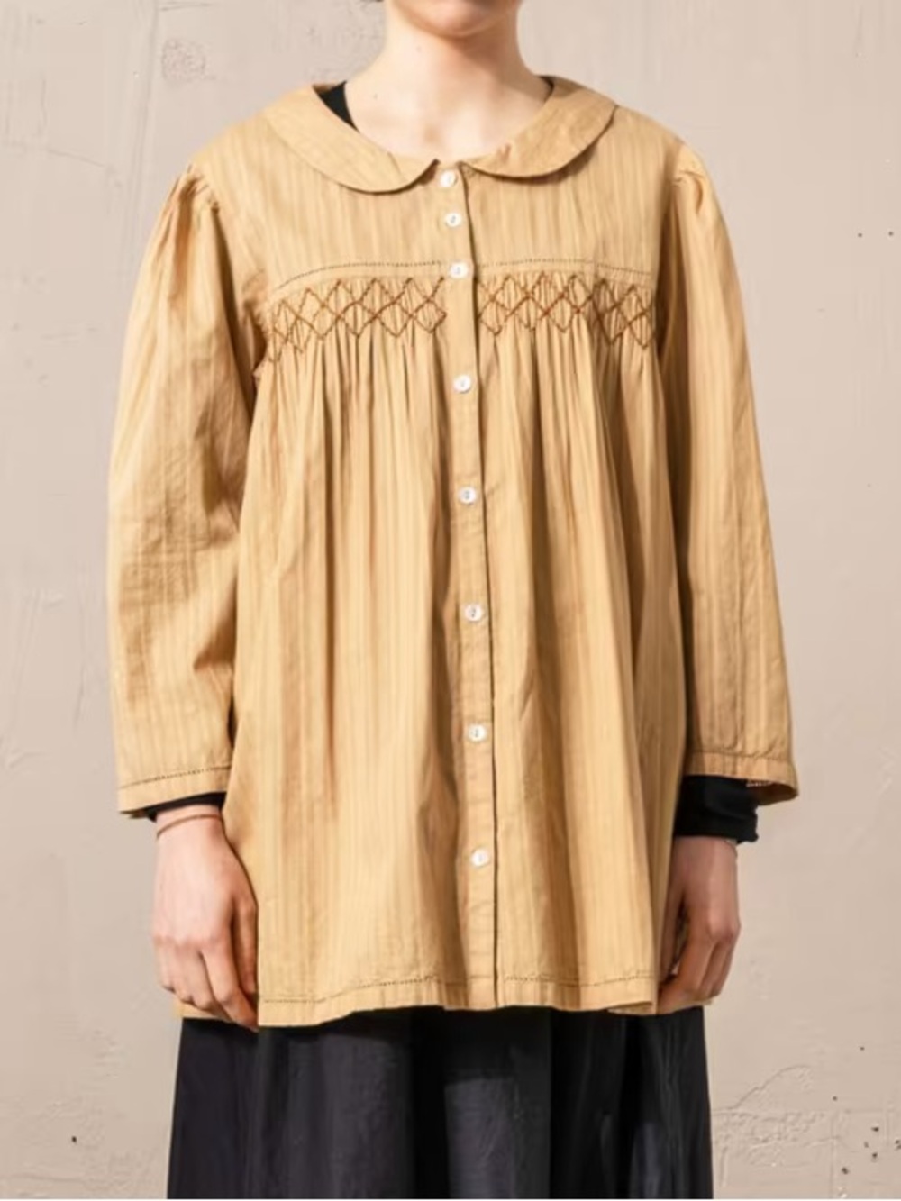 Gudrun Sjoden Mustard Smocked Babydoll Tunic Organic Cotton Peter Pan M